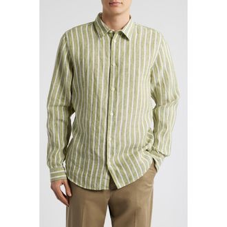 Nn.07 Enzo 5728 Stripe Linen Button-Up Shirt in Green Stripe at Nordstrom Rack, Size X-Large