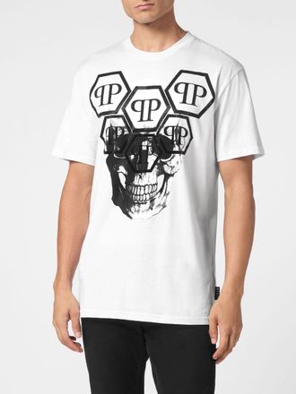 Philipp Plein T-shirt in cotone con stampa Skull e logo Hexagon in strass