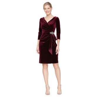 Alex Evenings Womens Short Velvet 3/4 Sleeve Cocktail Dress W/Surplice Neckline and Cascade Skirt, (Petite and Regular Sizes, Wine, 20