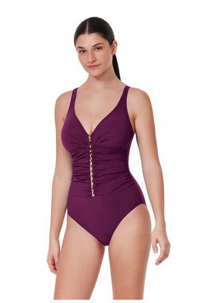 Gottex Tutti Frutti D-Cup V-Neck Gold Beaded One Piece in Wine at Nordstrom, Size 10