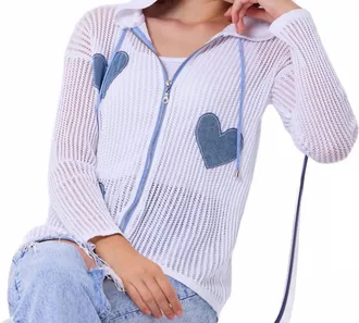 French Kyss Heart Crochet Hoodie In White/denim