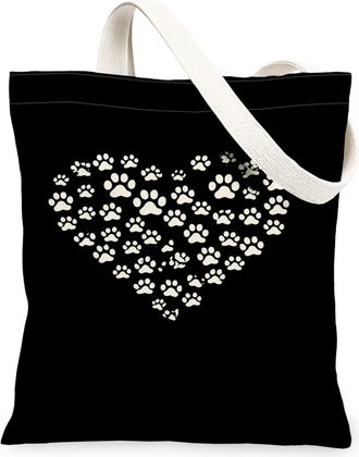 Generic Paw Print Canvas Tote Bags, Heart Pattern Reusable Grocery Bags, Stylish Washable Shoulder Strap Canvas for Shopping Travel, Black, 13x15 Inch
