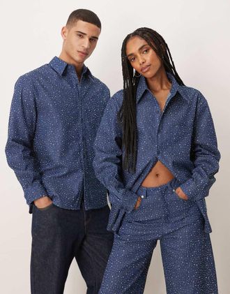 Sister Jane Sister Jane - Daze - Camicia di jeans unisex blu con decorazioni in coordinato