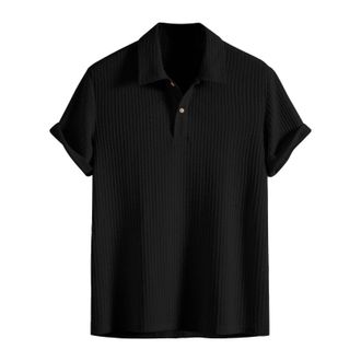 Generic Mens Polo Shirts Short Sleeve Knitted Ribbed Golf Shirt Button T-Shirts Business Tops Summer Casual Solid Color Tees Camibusos para Hombre(Z01-Black, 