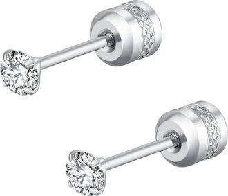 Generic Lady Pack Of Titanium Screw Back Earrings For Sensitive Ears Steel Thin Cylinder Encrusted Preppy Rings (Silver, 2)