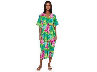 N by Natori Tropic Crinkle Windowpane Caftan Womens Jumpsuit & Rompers One Piece Green : L (Womens 14-16), Polyester/Spandex