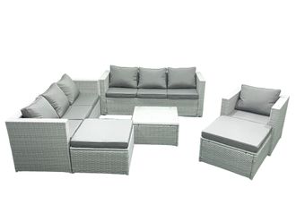 Fimous Wicker PE Rattan Sofa Garden Furniture Set with Armchair Square Coffee Table 2 Big Footstools Light Grey Mixed