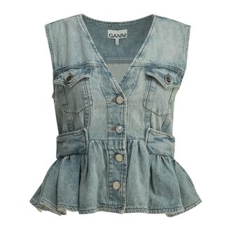 Ganni Chaleco de mezclilla ligero con p&eacute;plum - Jackets - Mujer - Azul - XS