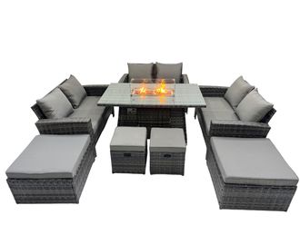 Fimous Outdoor Love Sofa Set &Gas Firpit Dining Table Dark Grey Mixed