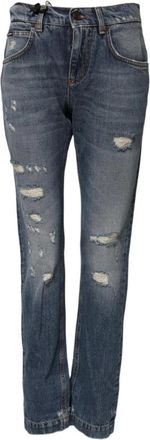 Dolce & Gabbana Versleten Denim Jeans met Strass Versiering - Dames - Slim Fit Jeans - Blauw - XS - Denim - Jeans