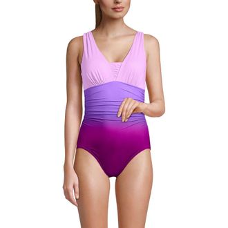 Lands End D-Cup Slender Grecian Tummy Control Chlorine Resistant One Piece Swimsuit in Crimson Rose/purple Ombre at Nordstrom, Size 10