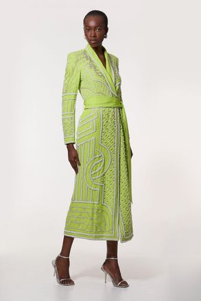 Karen Millen Womens Tall Crystal Embellished Woven Maxi Blazer Dress - Lime Green - Size 6 UK