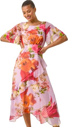 Roman Womens Floral Painted Frill Midi Dress - Purple - Size 10 UK