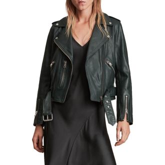 AllSaints Balfern Leather Biker Jacket in Green Skies at Nordstrom Rack, Size 00 Us / 2 Uk