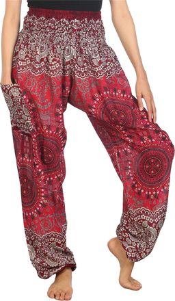 Lofbaz Harem Pants for Women Hippie Boho Festival Clothing - Bohemian Trousers for Yoga Beach Summer - Smocked Waist with Pockets - Rose 2 Burgundy XXL Plus