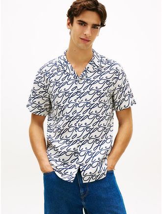 Tommy Hilfiger Mens Allover Script Monogram Linen Camp Shirt - White - XXL