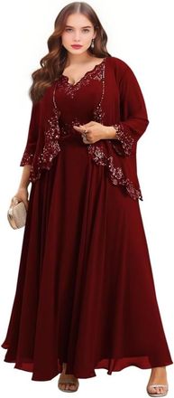 Generic Burgundy 2 Piece Mother of The Bride Dresses for Women Chiffon 3/4 Sleeve Formal Evening Gown Plus Size Wedding Guest Dress with Jacket 22 Plus