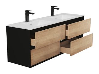 Vente-Unique Mueble de ba&ntilde;o flotante con lavabo empotrado - Color natural claro y negro - 150 cm - LANNICK