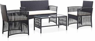 vidaXL Set Muebles De Jard&iacute;n 4 Piezas Y Cojines Rat&aacute;n Sint&eacute;tico Negro Vidaxl
