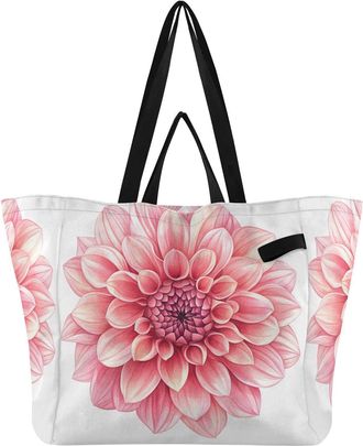 Generic Red Pink Flower pattern Reusable Canvas Tote Bag, Heavy Duty Grocery Shopping Bag with Hard Bottom Double Handles Large Capacity Work Groceries Travel