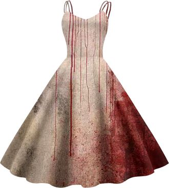 Generic Halloween Dress for Women UK Sleeveless Gothic Dress Women Rockabilly Retro 1950s Spaghetti Strap Swing A-Line Dresses Cocktail Party Evening Prom Gow