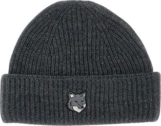 Maison Kitsun&eacute; Fox Head Large Beanie - unisex - Hoeden - Grijs - ONE Size - Wol - Accessoires