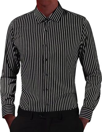 Generic Mens Shirts Long Sleeve Striped Shirt Wrinkle Free Regular Fit T-Shirt Casual Button Down Tops Business Office Blouse Camisa De Trabajo para Hombre(Bl