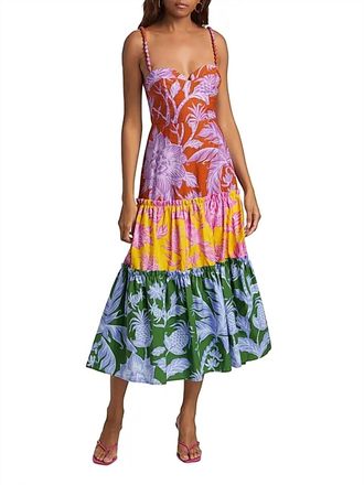 Farm Rio Tropical Swing Mix Sweetheart Cotton Midi Dress In Multi