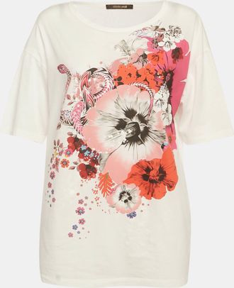 Roberto Cavalli White Floral Printed Cotton Knit T-Shirt