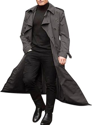 Generic Mens Formal Trench Coat Long Business Woolen Jacket Full Length Double Breasted Long Pea Coat Wool Long Coat with Double Mens Trench Coat Long Grey1 X