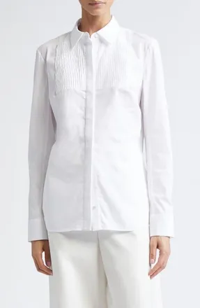 Nellie Partow Natalia Pintuck Cotton Poplin Button-Up Shirt in White at Nordstrom, Size 10