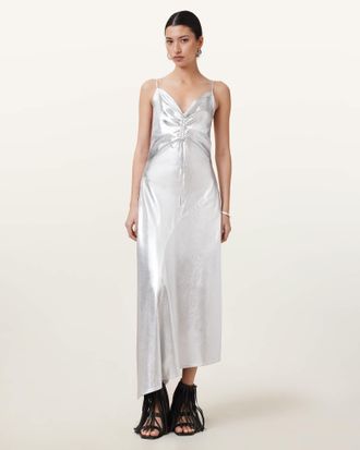 AllSaints Lyocell Alexia V-Neck Metallic Midi Slip Dress, Size: UK 16/US 12