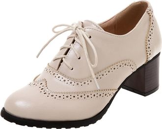 Agodor Womens Wingtip Oxford Brogue Shoes Lace up Chunky Heel Vintage Court Shoes (UK 3, Beige)