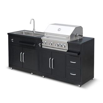 Oviala Cocina exterior met&aacute;lica con fregadero, barbacoa y trastero