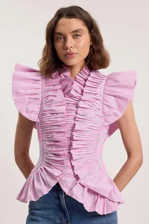Karen Millen High Neck Ruffle Sleeve Top in Pink at Nordstrom, Size 10