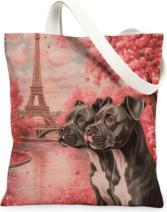 Generic Valentines Day Pitbull Dog Canvas Tote Bag for Shopping 13x15, Eiffel Tower Puppy Reusable Grocery Print Pattern Bag for Women, Couple Beach Aesthetic