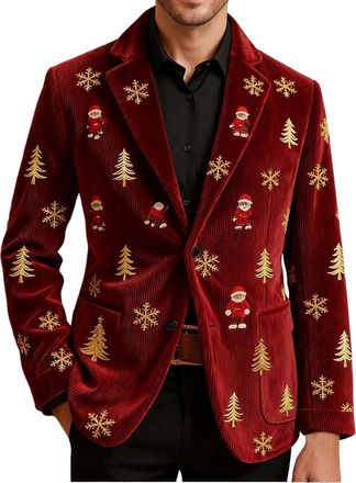 Generic Mens Christmas Blazer Corduroy Jacket Ugly Christmas Blazer Jackets Xmas Festive Costume Slim Fit Single-Breasted Suit Jacket Novelty Xmas Tuxedo Holi