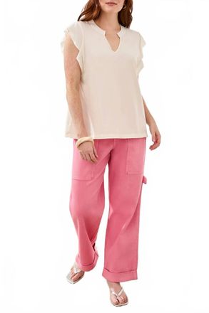 Tribal Mixed Media Ruffle Sleeve V-Neck Top In Eggshell