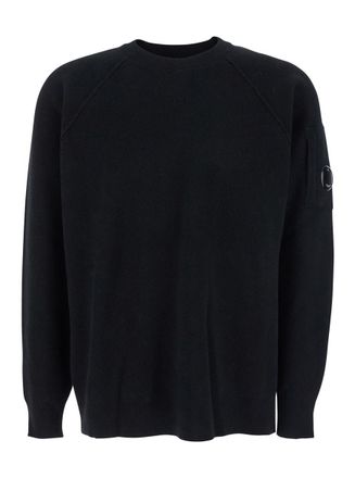 C.P. Company Black Crewneck Sweater With Logo Plaque On The Sleeve In Wool Blend Man