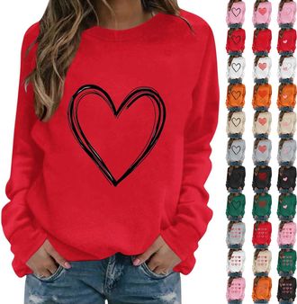 Generic Valentines Day Women Tops Long Sleeve Heart Graphic Shirt Crewneck Casual Shirts Blouse Clothes for Everyday Wear Work Travel Date Outing Holiday Stre