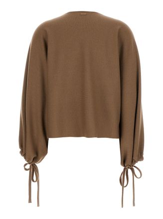 Max Mara Womens Brown Crewneck Sweater With Ties Virgin Wool Tops Top