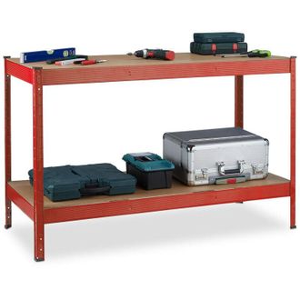 Relaxdays Relaxdays Banco da Lavoro Officina, Tavolo da Garage, 2 Scaffali, Altezza Regolabile, Acciaio e MDF, 91x141x61 cm, Rosso