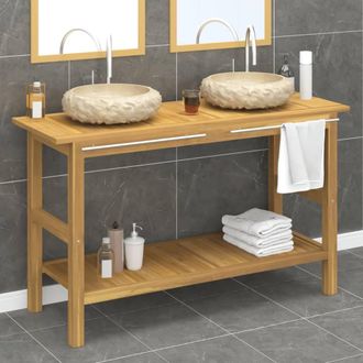 Berkfield Home Bathroom Vanity Cabinet with Cream Marble Sinks Solid Wood Teak in Beige