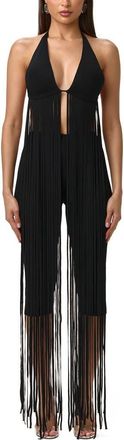 Naked Wardrobe Long Fringe Halter Top in Black at Nordstrom, Size X-Small