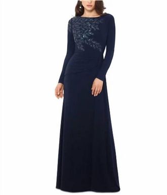 Xscape Long Sleeve Sequin Shoulder Gown In Navy