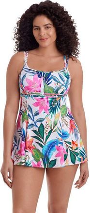 Longitude Empire Princess Seam Long Torso Swim Dress in Midnight White Plumeria at Nordstrom, Size 20