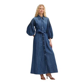 Pinko Pinko - Gekreukelde Denim Jurk met Riem - Dames - Jurken - Blauw - Maat: S Denim