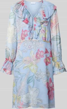 Comma Knielanges Kleid mit V-Ausschnitt und Volants in Bleu, Gr&ouml;&szlig;e 34