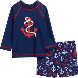 Little Me Anchor Graphic Long Sleeve Rashguard & Swim Trunks Set in Blue at Nordstrom, Size 6-9M