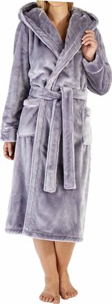 Slenderella Ladies Super Thick Soft Plain Silver Grey Velvet Fleece Self Tie Belt Hooded Bath Robe Dressing Gown House Coat Large 16 18
